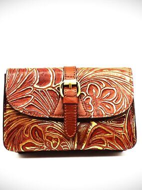 PATRICIA NASH Torri Small Tooled Tan/Gold Color Leather Crossbody Bag